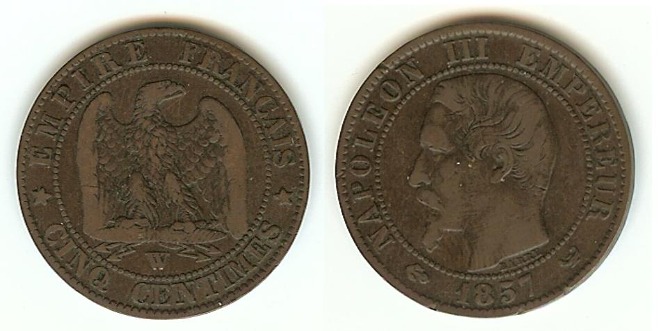 Cinq centimes Napoléon III, tête nue 1857 Lille TTB
